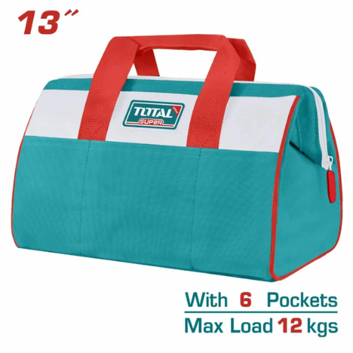 BOLSO PORTAHERRAMIENTAS TOTAL 13" - TELA 600D - 6 BOLSILLOS EXTERIORES - CARGA MÁX 12KG + CIERRE REFORZADO