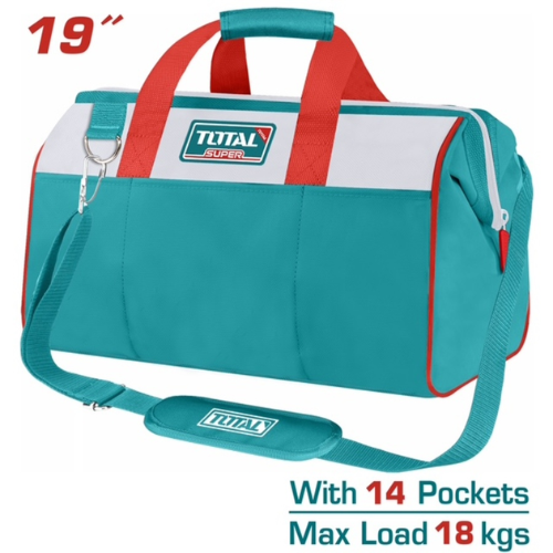 BOLSO PORTAHERRAMIENTAS TOTAL 19" - TELA 600D - 14 BOLSILLOS - CARGA MÁX 18KG + CORREA HOMBRERA + D-RING