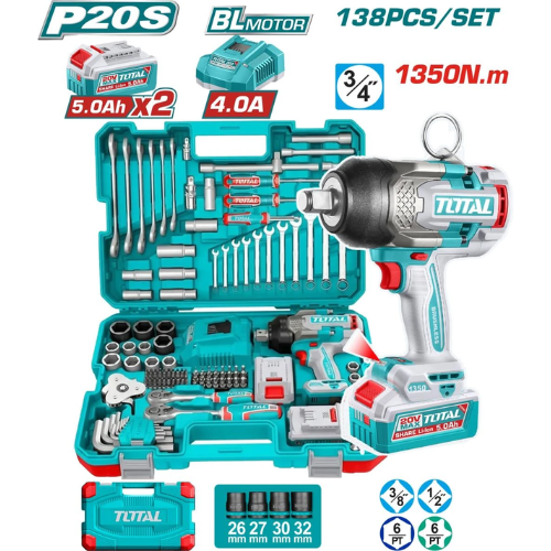 KIT MECÁNICO TOTAL 138PCS + LLAVE DE IMPACTO 20V BL 1350NM - 2 BATERÍAS 5AH