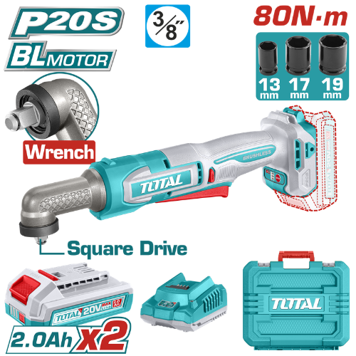 LLAVE RATCHET ANGULAR TOTAL 20V BL MOTOR 3/8" 80NM - 2 BATERÍAS 2AH + MALETÍN
