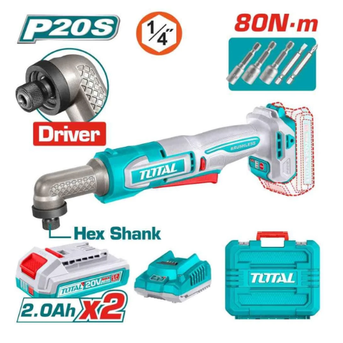 ATORNILLADOR ANGULAR TOTAL 20V BL MOTOR 1/4" HEX 80NM - 2 BATERÍAS 2AH + MALETÍN