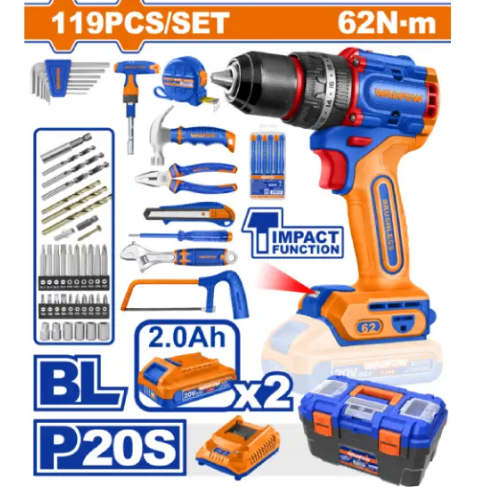 KIT HERRAMIENTAS WADFOW 119 PCS 20V BL MOTOR 62NM - TALADRO PERCUTOR + 2 BATERÍAS 2AH