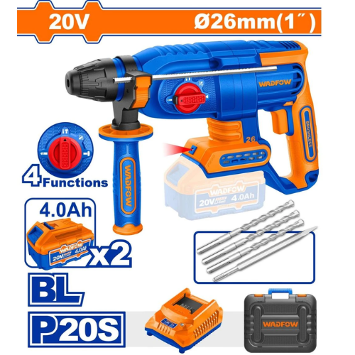 ROTOMARTILLO WADFOW 20V BL MOTOR SDS PLUS 26MM 4 FUNCIONES - 2 BATERÍAS 4AH