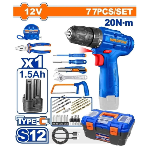 TALADRO DESTORNILLADOR WADFOW 12V S12 20N.M 77PCS KIT - 1 BATERÍA 1.5AH + CARGADOR TIPO-C