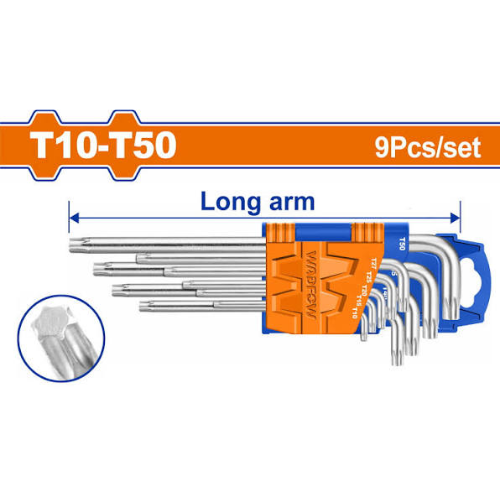 JUEGO DE LLAVES TORX WADFOW 9PCS CR-V T10-T50 BRAZO LARGO CON PORTA LLAVES