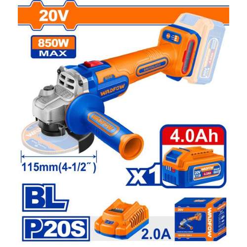 AMOLADORA INALÁMBRICA WADFOW 20V BL 115MM 850W MAX 4.0AH + CARGADOR 2.0A