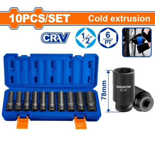 JUEGO DE TUBOS DE IMPACTO WADFOW 10PCS 1/2" LARGOS 6 PUNTAS CR-V