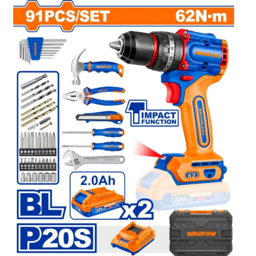 TALADRO ATORNILLADOR INALÁMBRICO WADFOW 20V 62NM BL P20S 91PCS 2 BATERÍAS 2.0AH