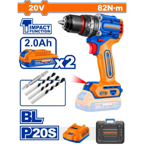 TALADRO ATORNILLADOR INALÁMBRICO WADFOW 20V 82NM BL P20S 2 BATERÍAS 2.0AH IMPACT