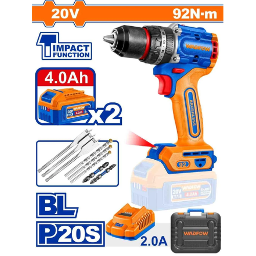 TALADRO ATORNILLADOR INALÁMBRICO WADFOW 20V 92NM BL P20S 2 BATERÍAS 4.0AH IMPACT