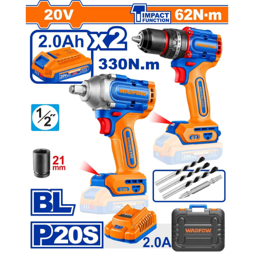 KIT COMBO WADFOW 20V TALADRO 62NM + LLAVE IMPACTO 330NM 1/2" BL P20S 2 BATERÍAS 2.0AH