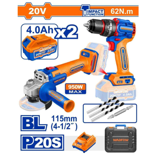 KIT COMBO WADFOW 20V TALADRO 62NM + AMOLADORA 115MM 950W BL P20S 2 BATERÍAS 4.0AH