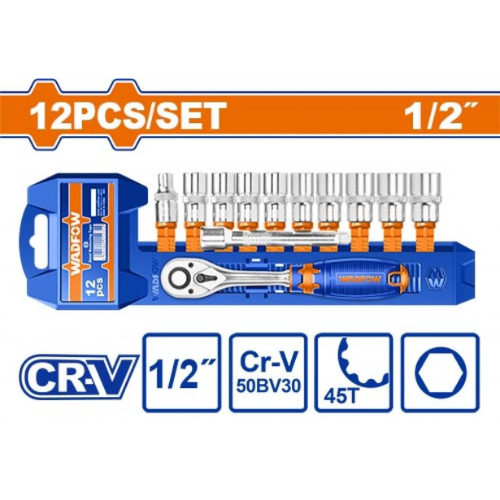 JUEGO DE DADOS WADFOW 12 PCS 1/2" CR-V 45T CON CRIQUET