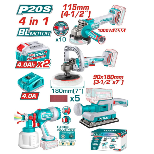 KIT COMBO 4 EN 1 TOTAL P20S 20V BRUSHLESS AMOLADORA 115MM + LIJADORA + PULIDORA + PISTOLA PINTAR 2X4.0AH