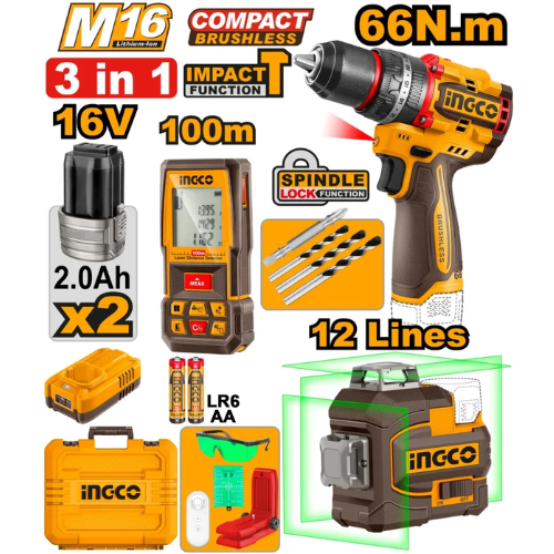 KIT COMBO 3 EN 1 INGCO M16 16V - TALADRO + NIVEL LÁSER 12 LÍNEAS + DISTANCIÓMETRO