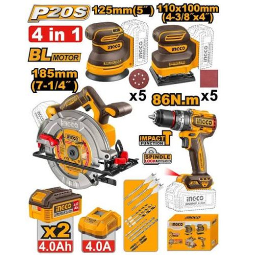 KIT COMBO 4 EN 1 INGCO P20S 20V - SIERRA CIRCULAR + TALADRO + 2 LIJADORAS
