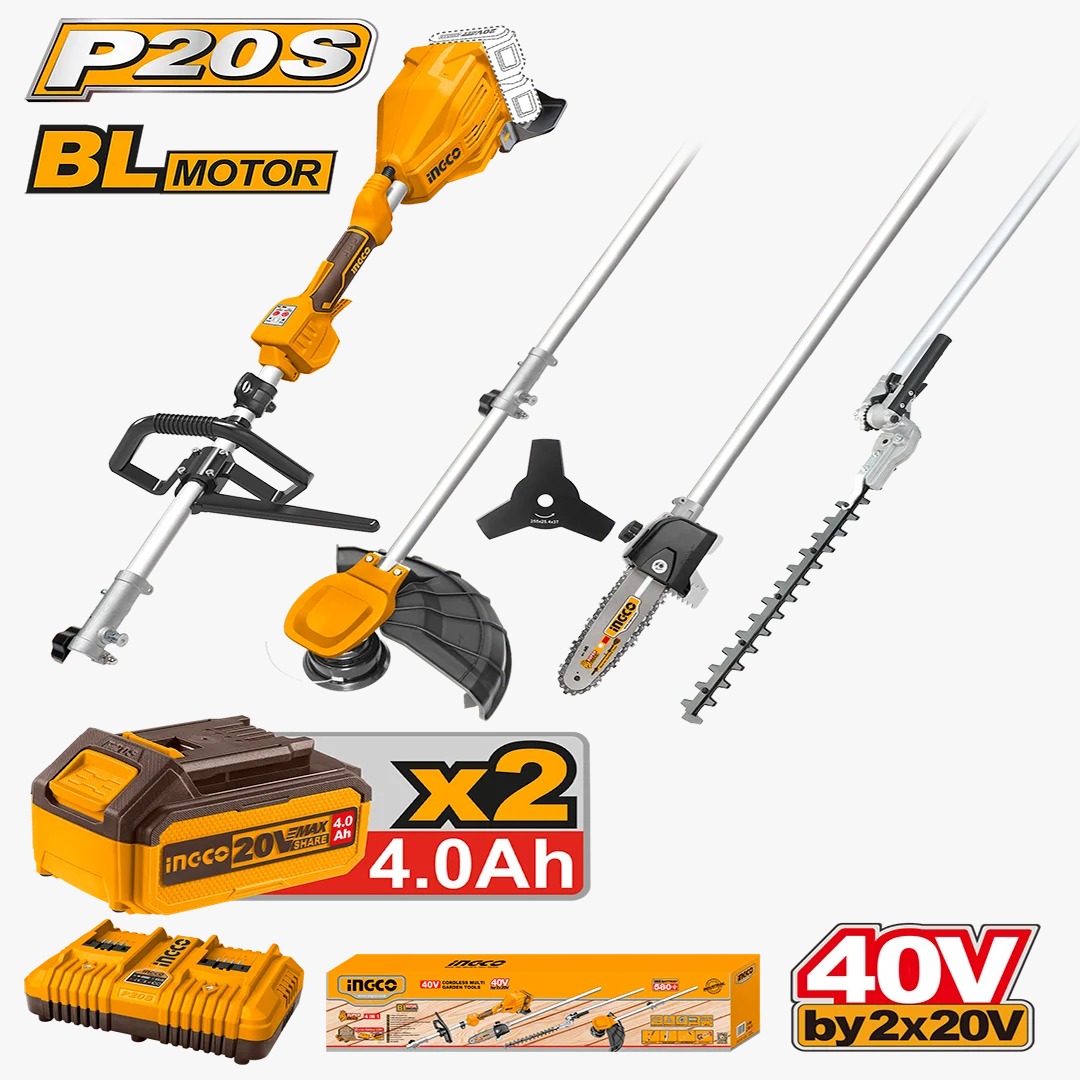 HERRAMIENTA MULTIFUNCIÓN DE JARDÍN A BATERÍA 4 EN 1 BRUSHLESS MOTOR P20S 40V C/2 BAT + CARGADOR DOBLE + ACCESORIOS
