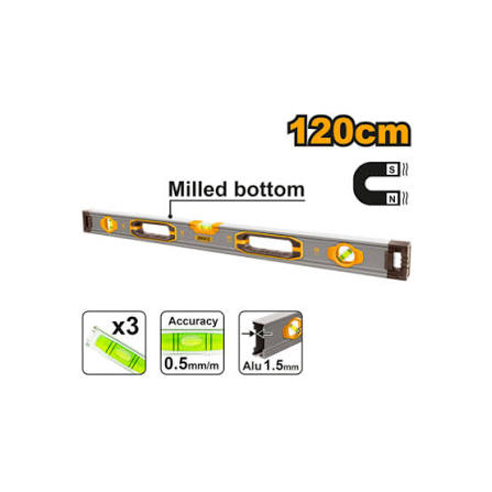 NIVEL IMANTADO 120CM ALUMINIO DOBLE LADO FRESADO VIALES PRECISOS DE 0,5 MM/M ESPESOR: 1.5 MM