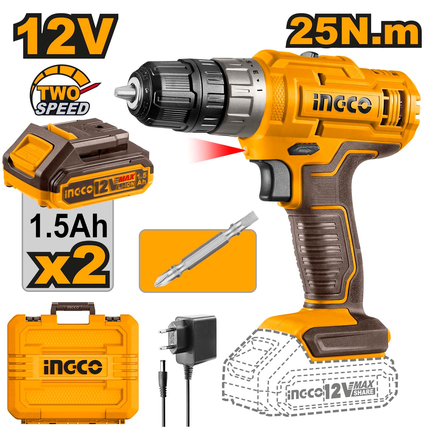TALADRO INALÁMBRICO DE 12V - 25 NM - 0-400/0-1500 RPM